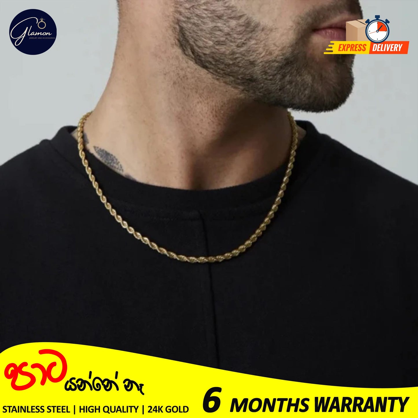 3mm Rope Chain Necklace Stainless Steel Waterproof Gold Color