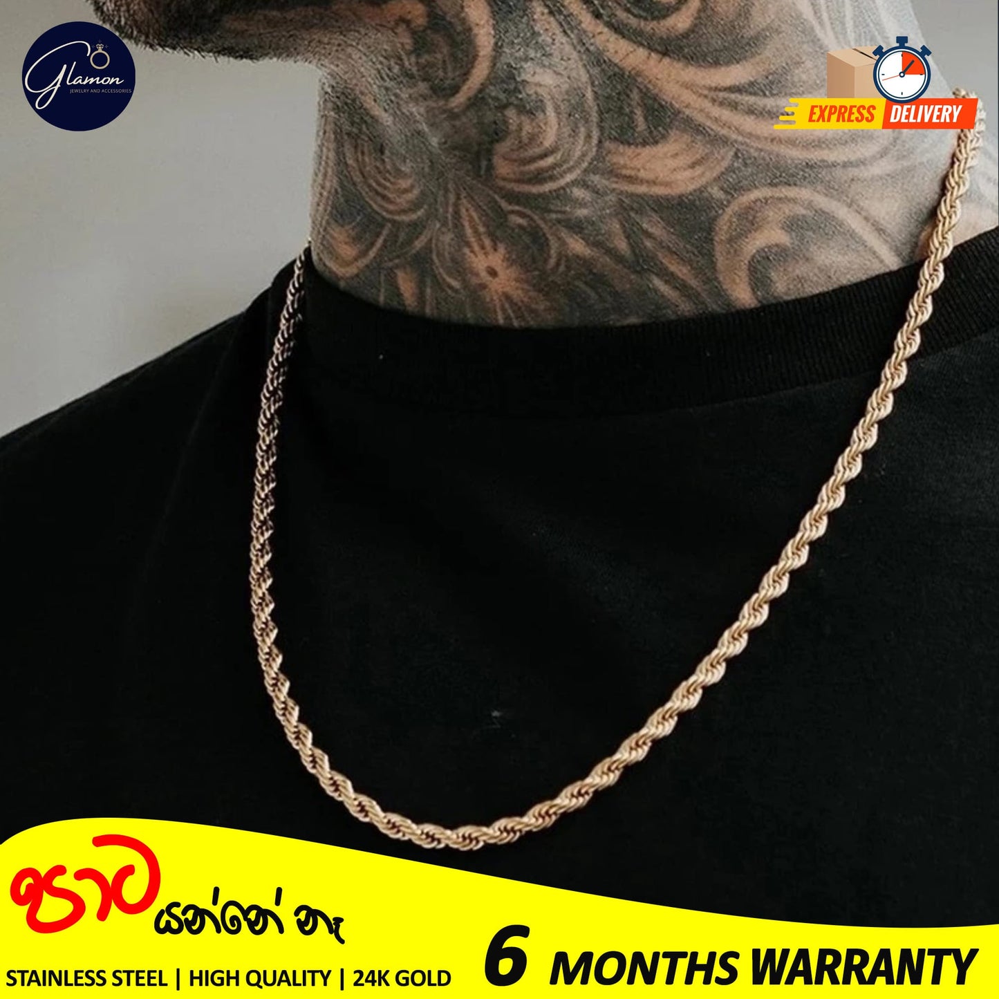 3mm Rope Chain Necklace Stainless Steel Waterproof Gold Color