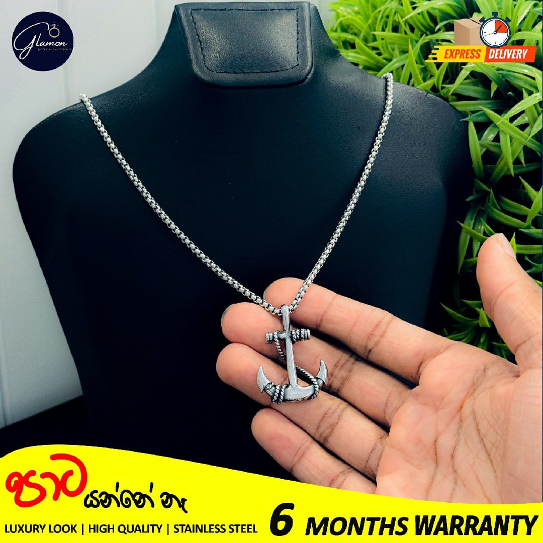 Glamon 316L Stainless Steel Anchor Pendant & 3mm Silver Color Box Chain Necklace For Men High Quality Waterproof Mens Necklace