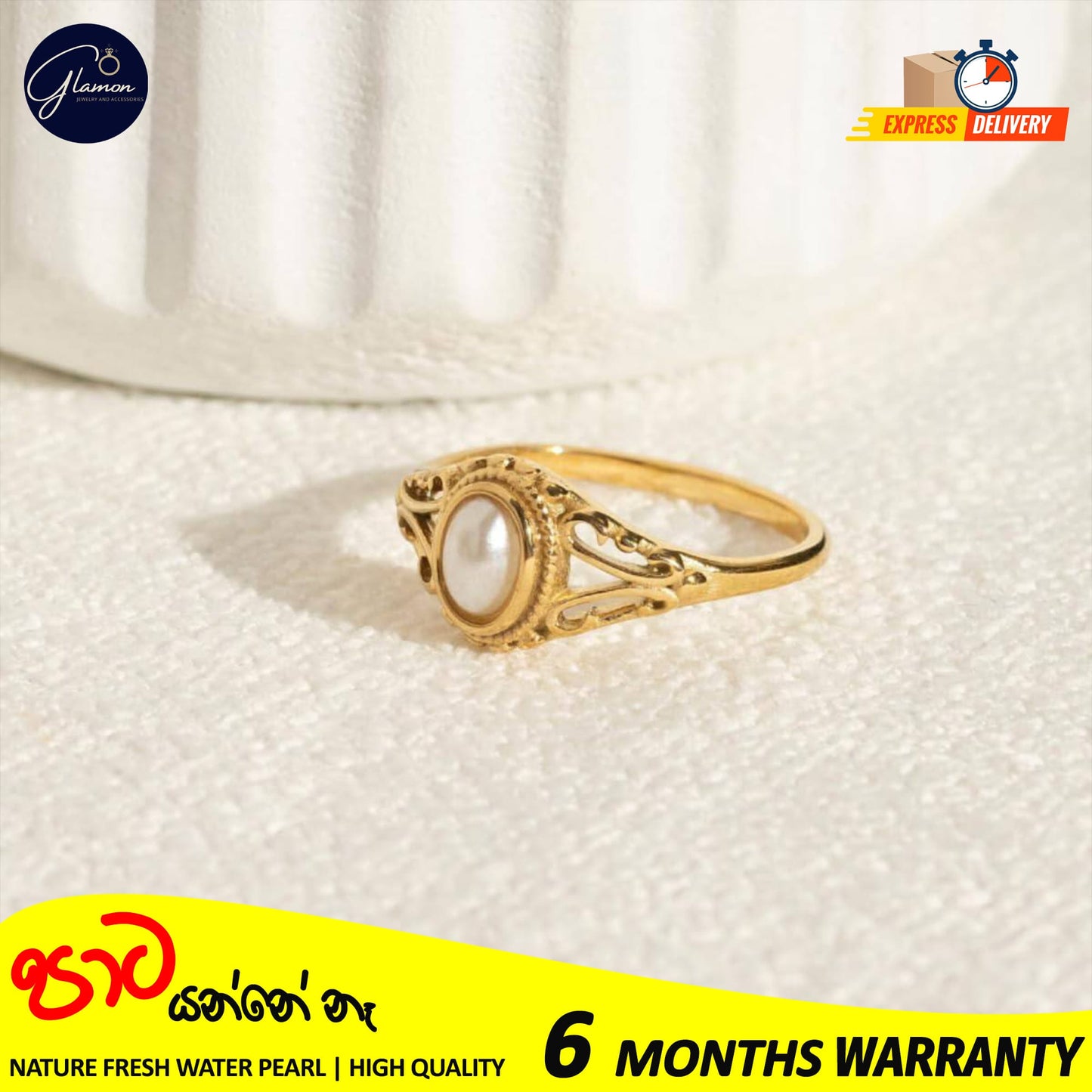 Glamon Luxury Gold Plated Freshwater Pearl Waterproof Rings for Girls Stainless Steel Hollow Design Durable Waterproof Jewelry for Everyday wear and Special Occasions