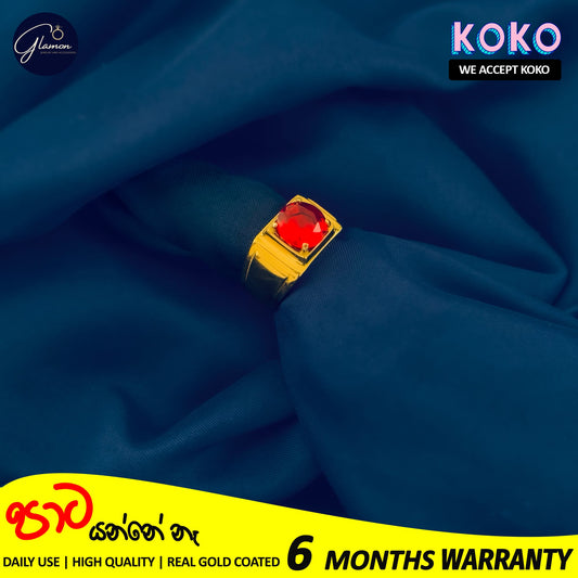 Glamon High Quality Gold Coated Red Zircon Ring For Men Stainless Steel Mens Rings Fashion Jewellery Gift For Boys