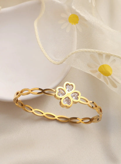Glamon Lucky Leaf Gold Coated Bangle for Women 316L Stainless Steel Cubic Zirconia Bracelet Waterproof Luxury Jewelry