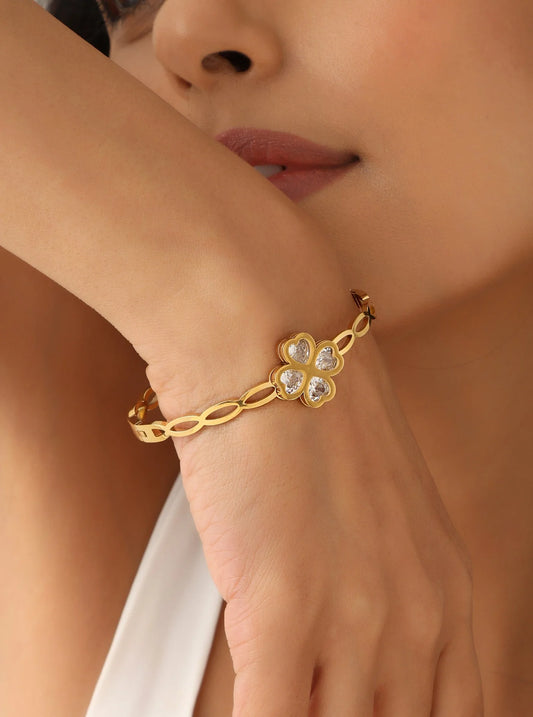 Glamon Lucky Leaf Gold Coated Bangle for Women 316L Stainless Steel Cubic Zirconia Bracelet Waterproof Luxury Jewelry