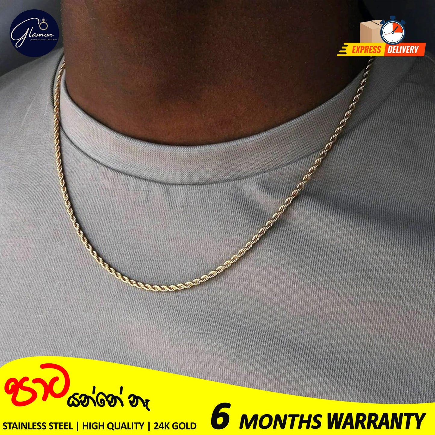 3mm Rope Chain Necklace Stainless Steel Waterproof Gold Color