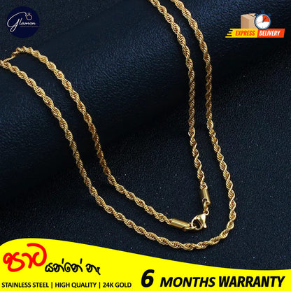 3mm Rope Chain Necklace Stainless Steel Waterproof Gold Color