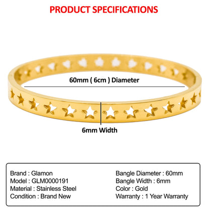 Glamon Luxury Hollow Star Design Gold Bangle For Women 316L Stainless Steel High Polished Gold Plated Bangle For Girls Stylish Rich Look Bracelets & Bangles Gifts For Girlfriend Gold Jewellery Cuff Bracelet For Girls Accessories