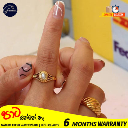 Glamon Luxury Gold Plated Freshwater Pearl Waterproof Rings for Girls Stainless Steel Hollow Design Durable Waterproof Jewelry for Everyday wear and Special Occasions
