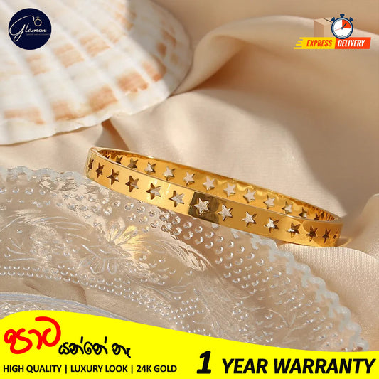 Glamon Luxury Hollow Star Design Gold Bangle For Women 316L Stainless Steel High Polished Gold Plated Bangle For Girls Stylish Rich Look Bracelets & Bangles Gifts For Girlfriend Gold Jewellery Cuff Bracelet For Girls Accessories