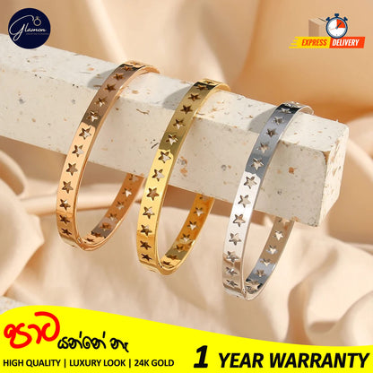 Glamon Luxury Hollow Star Design Gold Bangle For Women 316L Stainless Steel High Polished Gold Plated Bangle For Girls Stylish Rich Look Bracelets & Bangles Gifts For Girlfriend Gold Jewellery Cuff Bracelet For Girls Accessories
