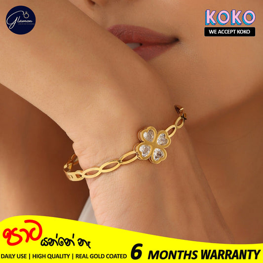 Glamon Trendy Hollow Cubic Zirconia Luxury Stainless Steel Bangles For Women High Quality Lucky Leaf Korean Fashion Minimalist Bracelets For Girls Gift items Jewellery