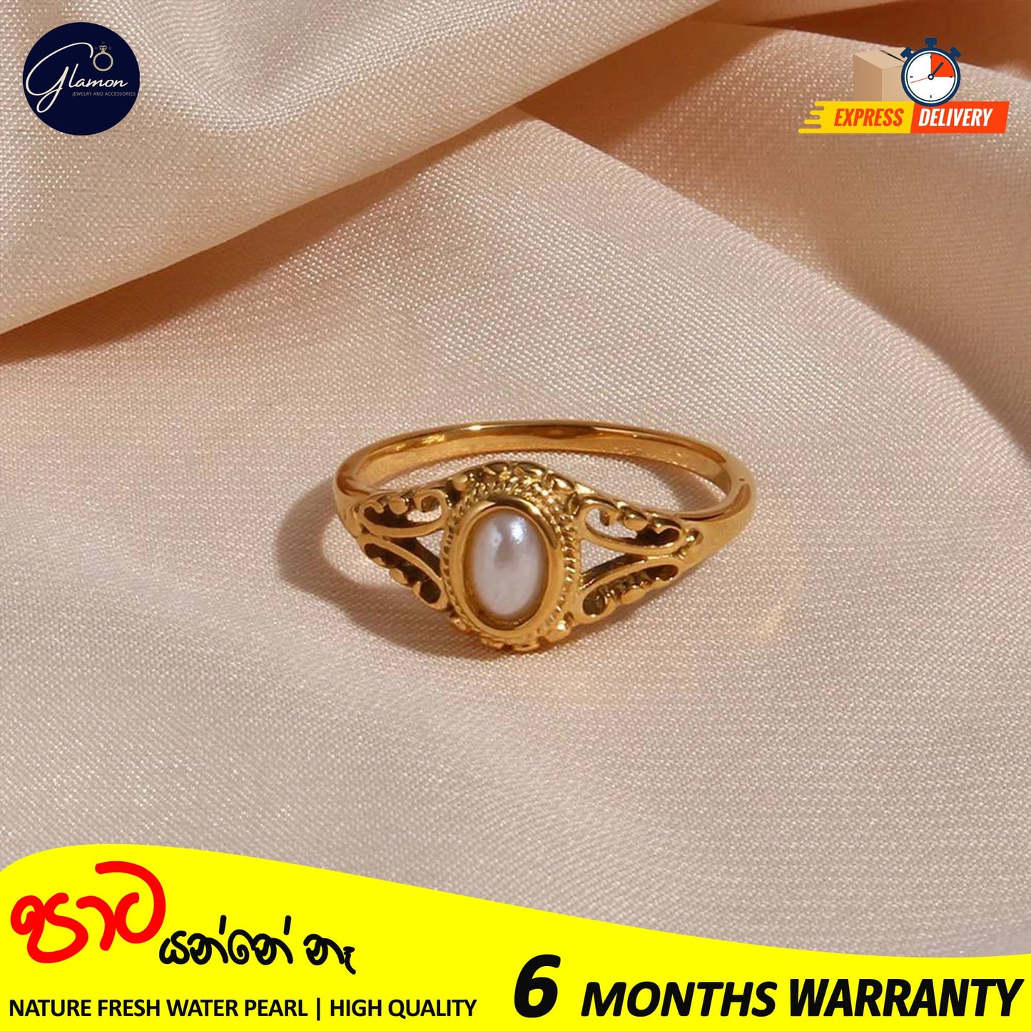 Glamon Luxury Gold Plated Freshwater Pearl Waterproof Rings for Girls Stainless Steel Hollow Design Durable Waterproof Jewelry for Everyday wear and Special Occasions