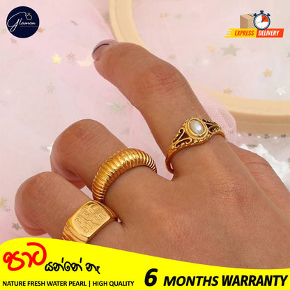 Glamon Luxury Gold Plated Freshwater Pearl Waterproof Rings for Girls Stainless Steel Hollow Design Durable Waterproof Jewelry for Everyday wear and Special Occasions