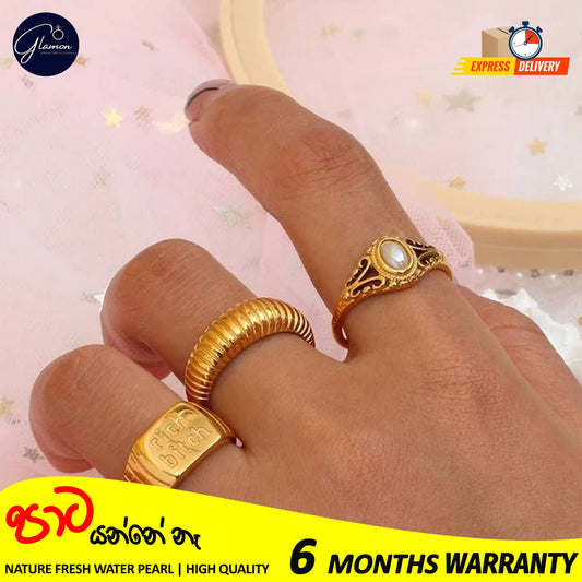 Glamon Luxury Gold Plated Freshwater Pearl Waterproof Rings for Girls Stainless Steel Hollow Design Durable Waterproof Jewelry for Everyday wear and Special Occasions